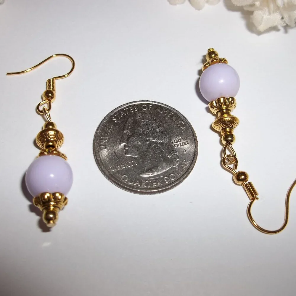Light Purple Earrings Gold Beaded Dangle Drop Jewelry Fashion Accessory Set D402